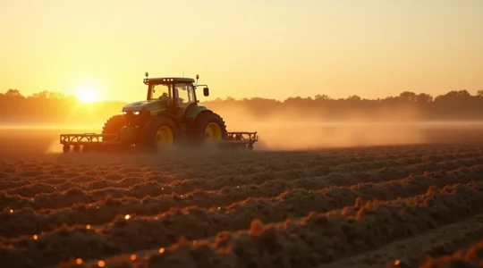 Photo réaliste de matériel agricole moderne en action sur un champ, capturant la relation entre machines et structure du sol, sans texte ni logo