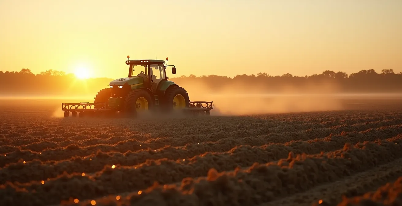 Photo réaliste de matériel agricole moderne en action sur un champ, capturant la relation entre machines et structure du sol, sans texte ni logo