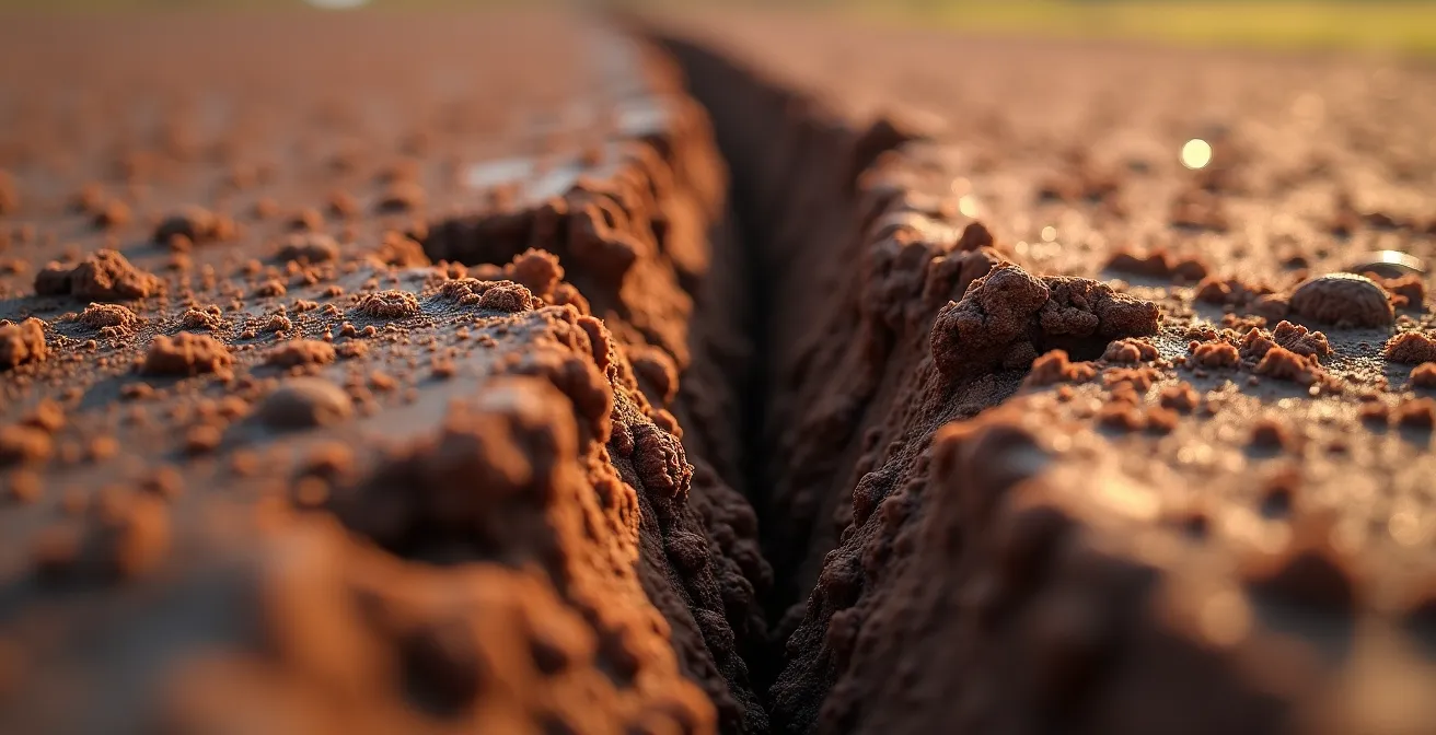 Macro photo d’une fissure créée par un outil agricole dans un sol argileux, structure détaillée du sol visible sans aucun marquage