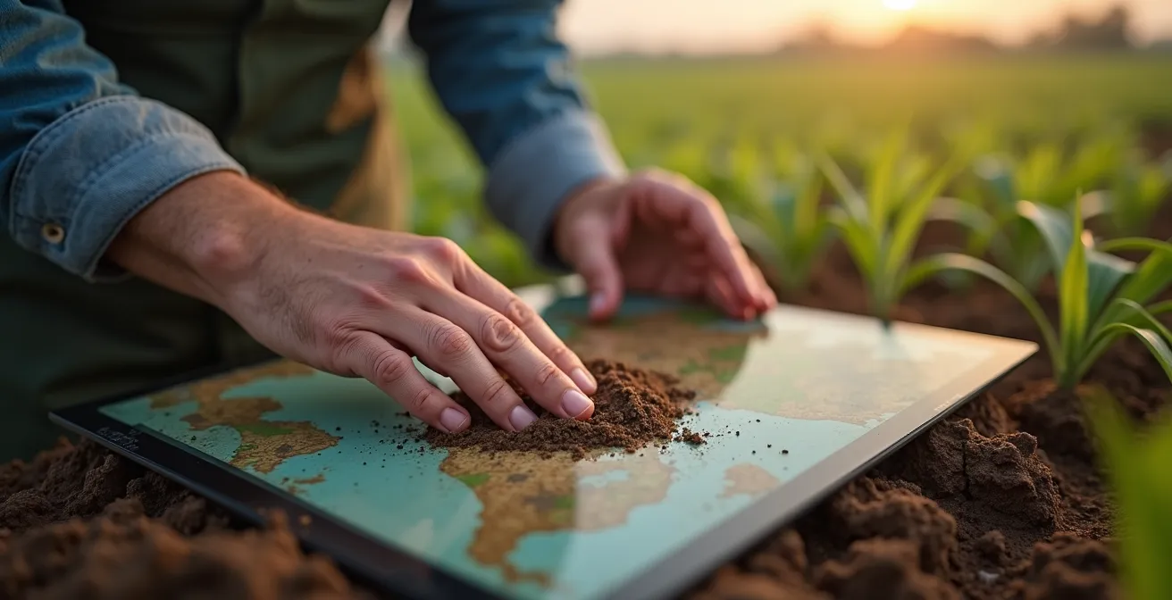 Main d’agriculteur et expert posée sur un écran montrant la cartographie haute résolution d’un sol de champ cultivé, sans éléments lisibles