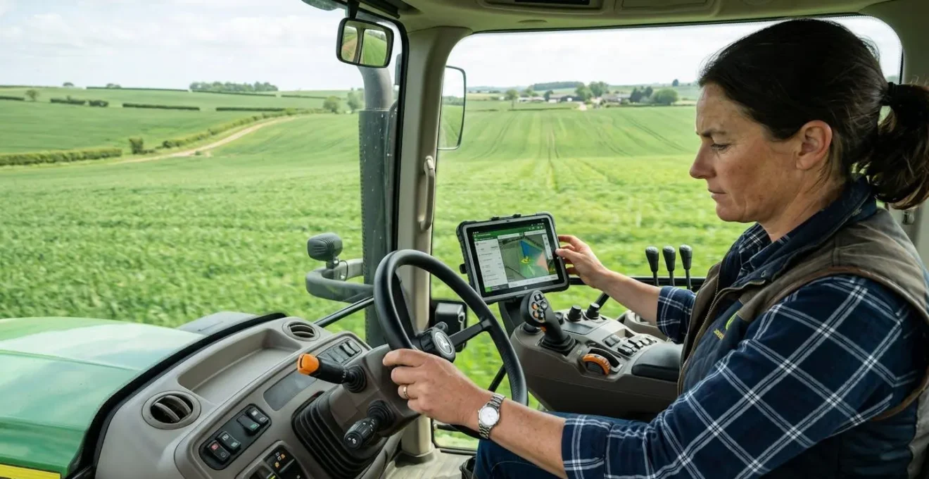 Agriculteur consultant une application mobile depuis la cabine de son tracteur dans un champ de céréales