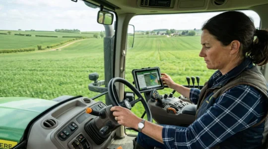 Agriculteur consultant une application mobile depuis la cabine de son tracteur dans un champ de céréales