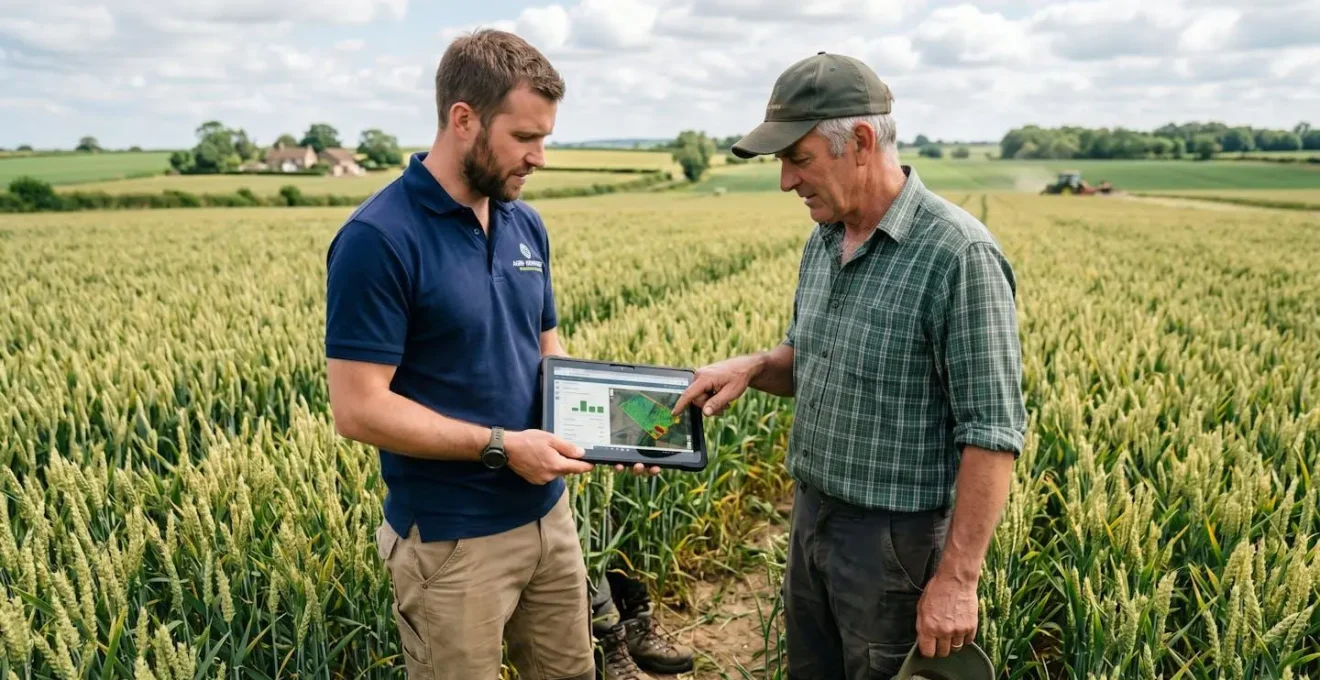 Conseiller agricole et exploitant regardant ensemble une tablette dans une parcelle de céréales