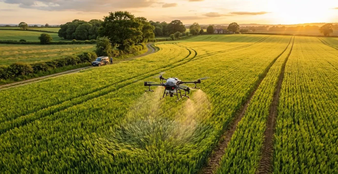 Vue aérienne d'un drone survolant un champ cultivé lors d'une opération de suivi de culture